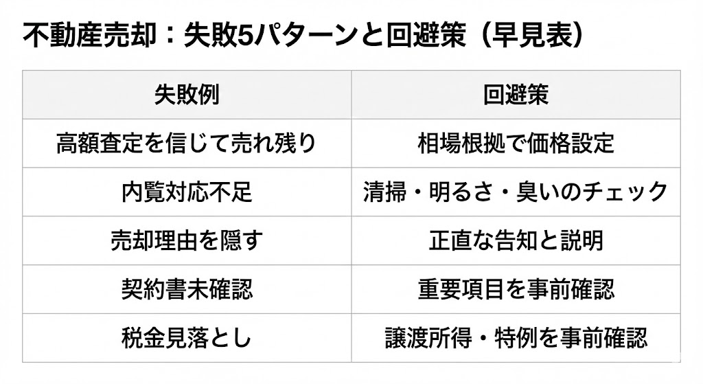 不動産売却：失敗5パターンと回避策（早見表）