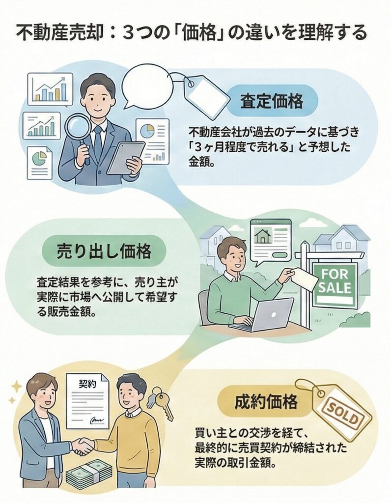 不動産売却における「査定価格・売り出し価格・成約価格」の違いを示した縦型ステップ図。白背景、日本語表記、初心者向け、シンプル、16:9。