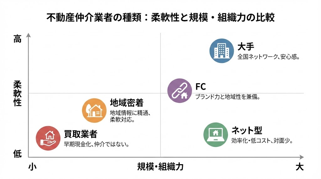 不動産仲介業者の種類を整理したマトリクス図