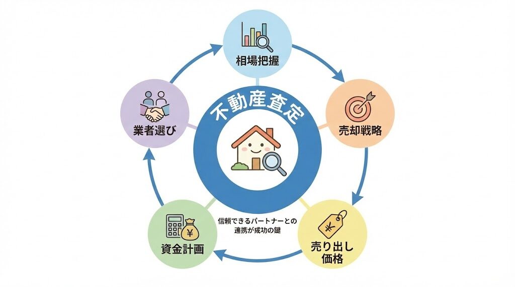 不動産査定の全体像を示すインフォグラフィック。