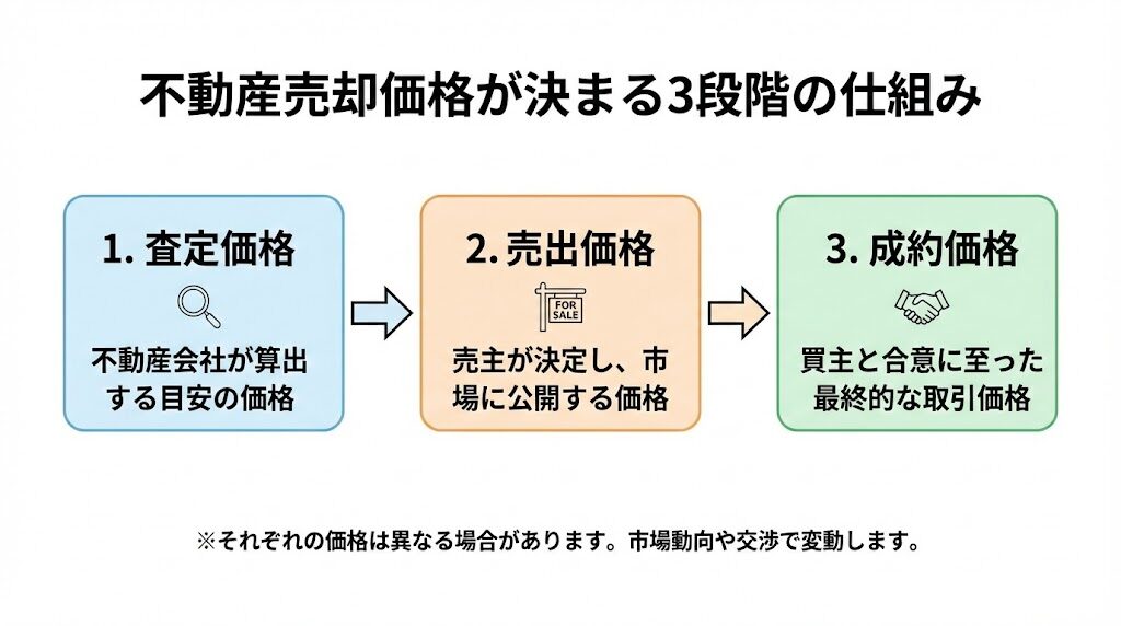 不動産売却価格が決まる3段階（査定価格・売出価格・成約価格）を示した横フロー図