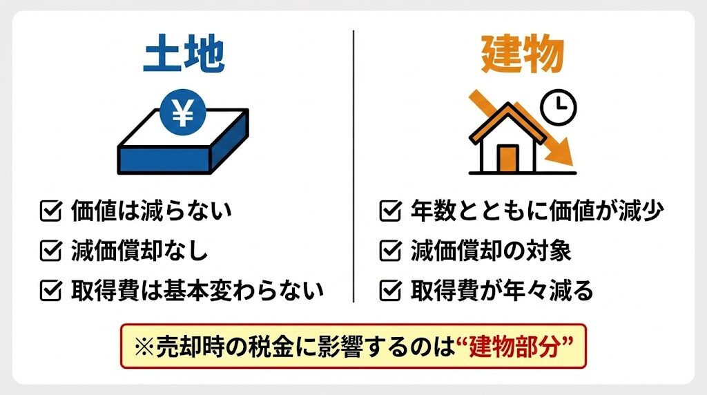 減価償却の基本構造（土地と建物の違い）