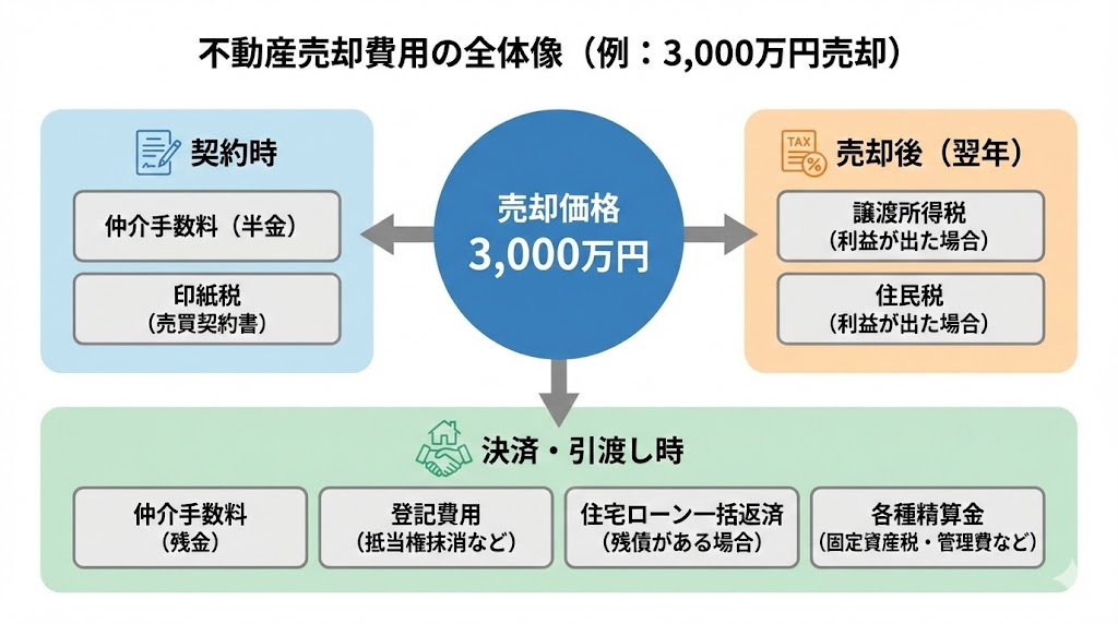 図解の目的・内容
目的
「結局、何が・いつ・どれくらい引かれるのか」を一瞬で理解させる
内容(俯瞰マップ)
中央:
「売却価格(例:3,000万円)」
周囲に3ブロック:
契約時
印紙税
決済・引渡し時
仲介手数料
登記費用
ローン完済費用
売却後
сц
譲渡所得税
住民税