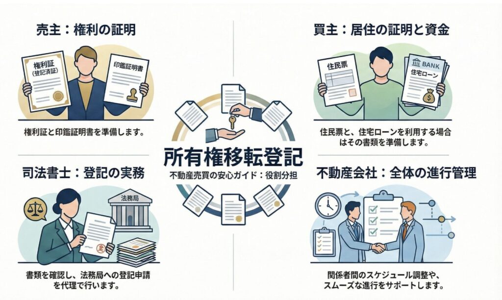 売主・買主・司法書士・不動産会社の役割分担図