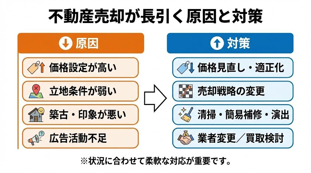 不動産売却が長引く原因と対策を左右に対応させた図