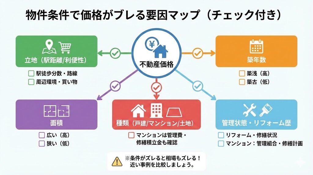 物件条件で価格がブレる要因マップ（チェック付き）