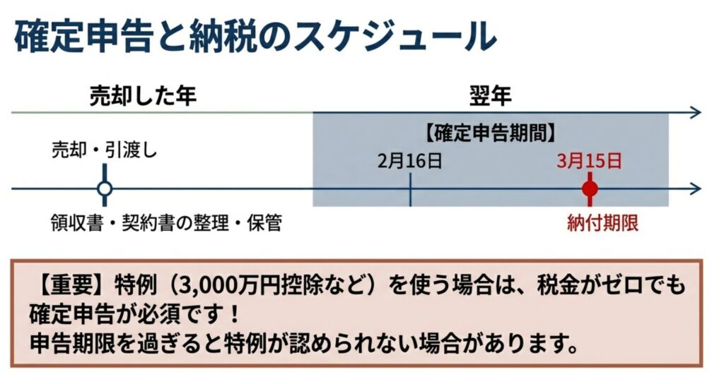 「売却したらいつ動く？」を時系列で理解

不動産売却後の確定申告の時系列図売却（年内/年中）

書類保管・整理

翌年2/16〜3/15：申告

3/15：納付期限（原則）

遅れると延滞税等の注意
→ “特例を使うなら利益がなくても申告必要”を目立たせる