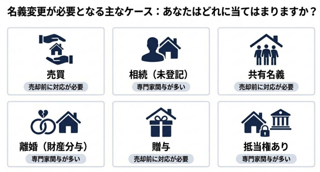 不動産売却で名義変更が必要となるケースを一覧で示した図解。
売買・相続・共有名義・離婚（財産分与）・贈与・抵当権ありをアイコン付きで整理。