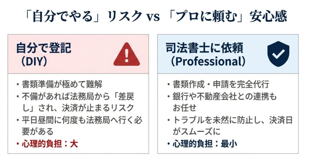 不動産売却時の登記について「自分で登記」と「司法書士に依頼」を比較した図解。
