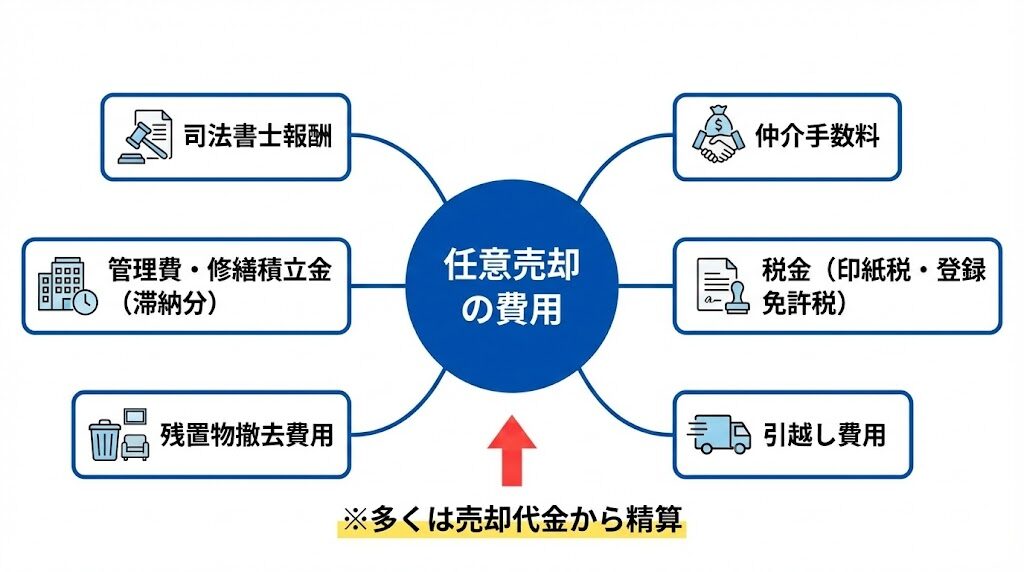 任意売却にかかる費用の全体像を示した図中央に「任意売却の費用」、周囲に「仲介手数料」「司法書士報酬」「税金」「管理費・修繕積立金」「引越し費用」「残置物撤去費用」。