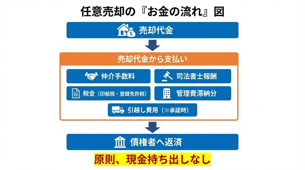 任意売却と競売を費用面・結果面で比較した図
左右2カラムで「任意売却」「競売」を対比。