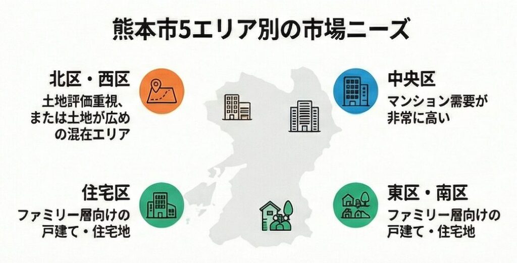 熊本市のエリア別不動産市場特徴を示した簡易マップ図解。
中央区・東区・北区・南区・西区を色分け。