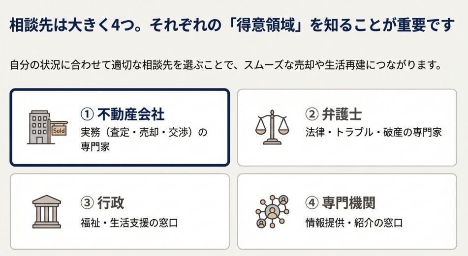 任意売却の相談先は4種類|特徴・費用・得意領域で比較