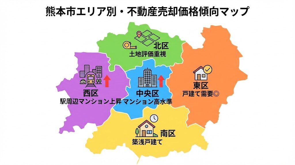 熊本市(中央区・東区・北区・南区・西区)の不動産売却相場をエリア別に示した簡易マップ図解