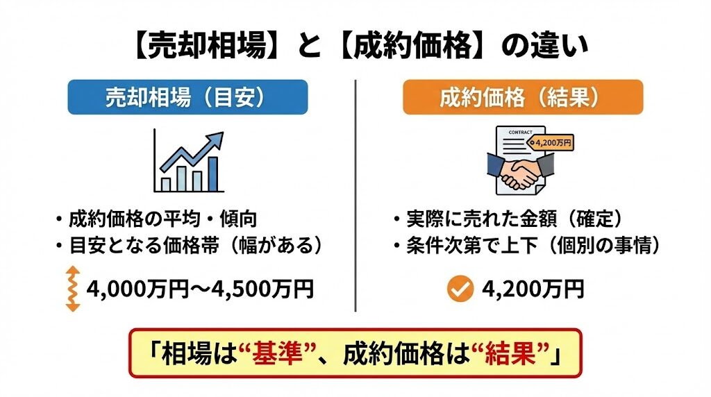 不動産売却における「売却相場」と「成約価格」の違いを説明する比較図解。
