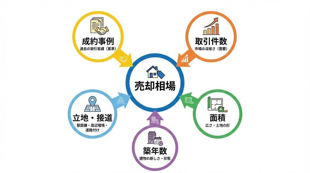 不動産売却相場が決まる要素を示した円形インフォグラフィック。
中央に「売却相場」、周囲に5要素。