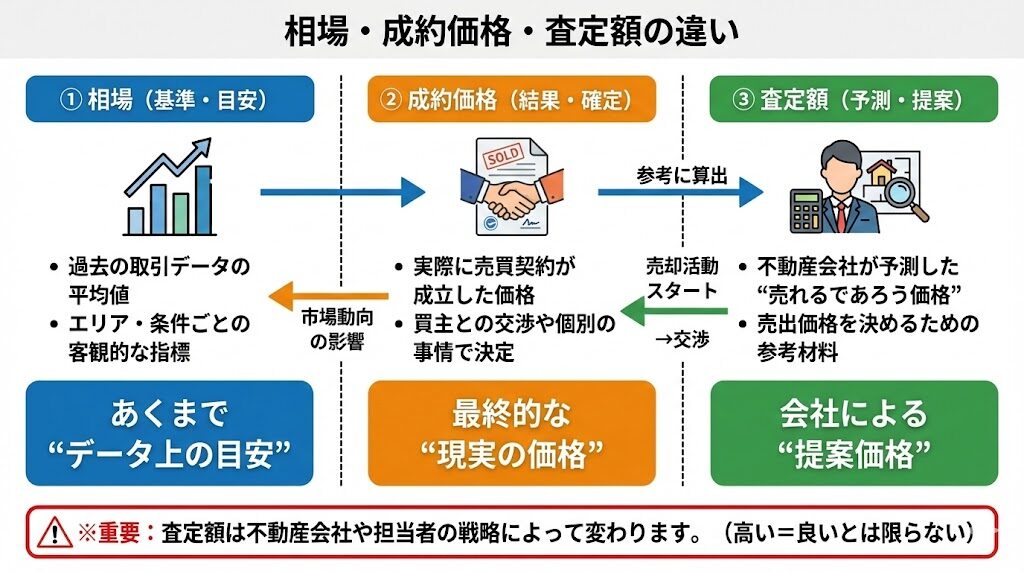 不動産売却における「相場・成約価格・査定額」の違いを説明する図解。
