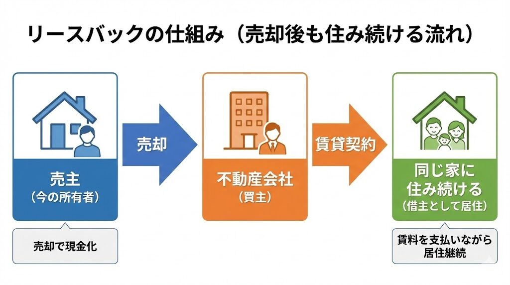 リースバックの仕組みを説明する図解。
左から右へ「売主 → 不動産会社 → 売却後も住み続ける」の流れ。