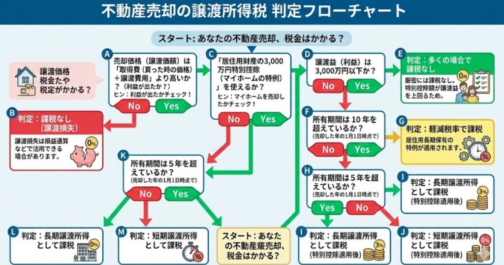 [譲渡所得税がかかるケース・かからないケースの判定フロー]

「売却価格は買った時より高いか？」→ Noなら「課税なし」

「3,000万円の控除を使えるか？」→ Yesなら「多くの場合で課税なし」

といった、読者が自分の状況をYes/Noで判定できるフローチャートを挿入。